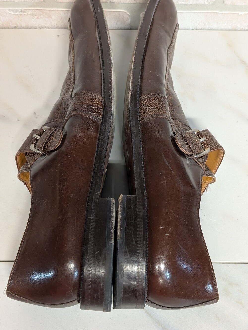 Mezlan Men's Brown Ostrich Leather Monk Strap Dress Shoes Size 16M - Picture 6 of 7